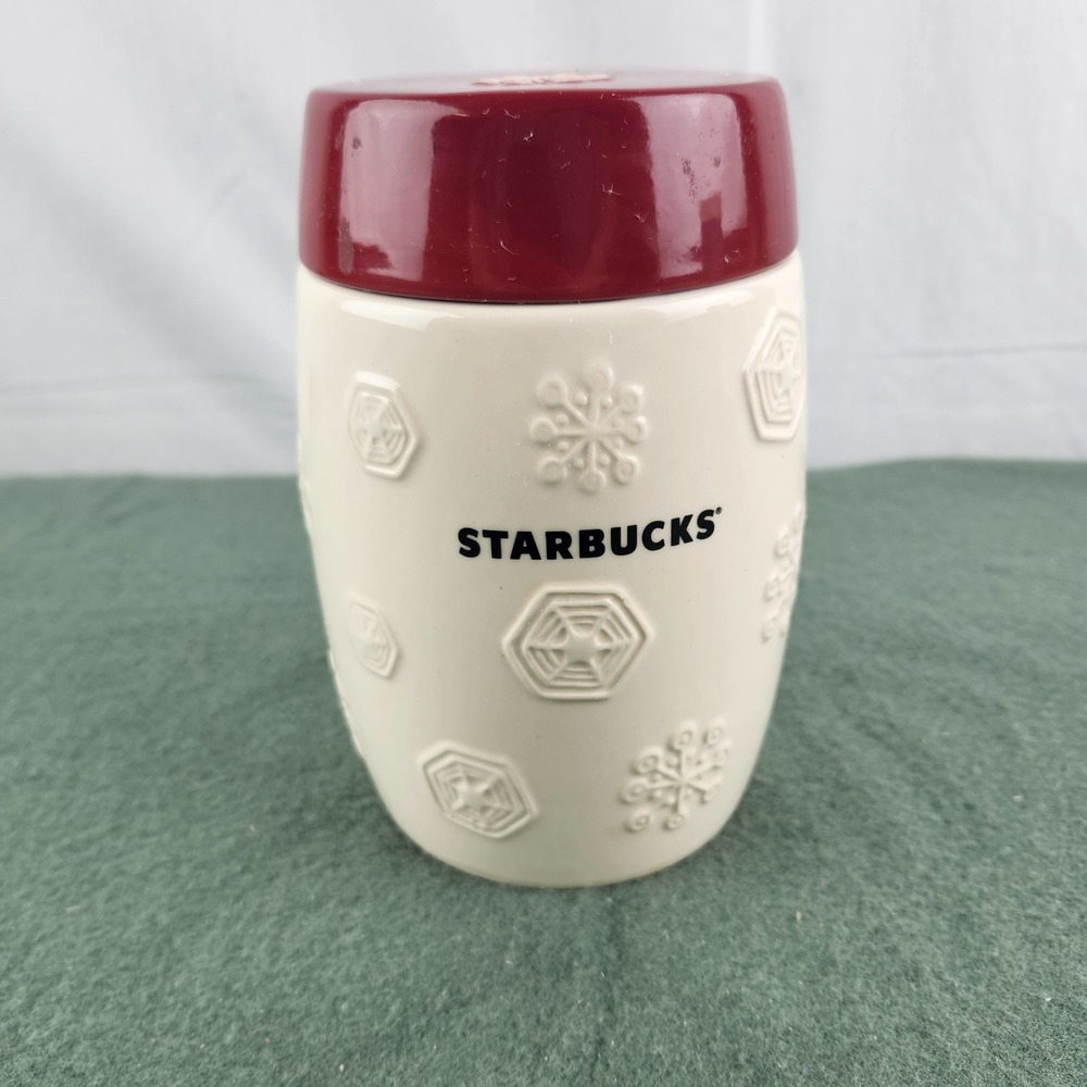 2011 Starbucks Embossed Ceramic Red/White Snowflake 12 oz Kitchen‎ Canister